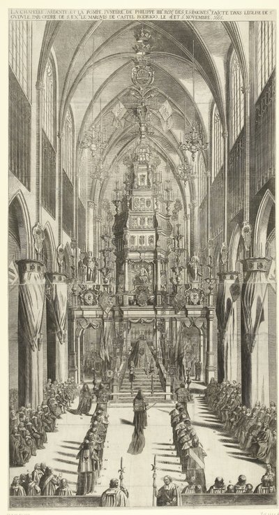 Lijkdienst voor Filips IV te Brussel, 1665 Palava kappeli ja Philippe IIIe roy des Espaignesin hautajaiskulkue, joka on tehty Ste. Gudule s:n järjestyksessä. ylimääräinen. Castel Rodrigon markiisi 4. ja 5. marraskuuta 1665 (otsikko esineessä) tekijältä Jan van Troyen