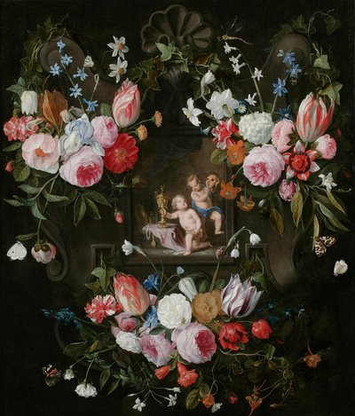 Cartouche-asetelma kukista allegorisen kuvan ympärillä Putista kalliilla esineillä ja naamiolla, 1648 tekijältä Jan van and Balen, Hendrik van Kessel