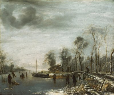 Talvimaisema luistelijoiden ja Colf-pelaajien kanssa jäätyneellä vesitiellä, 1653 tekijältä Jan van de Capelle or Cappelle