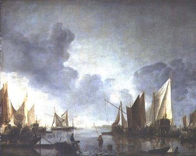 Tyyntä, kun arvohenkilö saapuu valtiollisella proomulla ja kalastajat ovat etualalla. tekijältä Jan van de Capelle or Cappelle