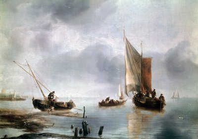 Pieni alus kevyessä ilmassa ja toinen rannalla, n. 1650-1660, Jan van de Cappellen (1624-n. 1679), öljy kankaalle, 34, 8x48 tekijältä Jan van de Capelle or Cappelle