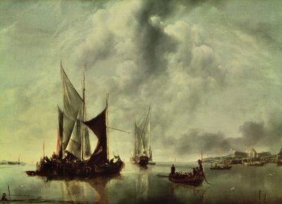 Rauhallinen tai, Veneet lähellä rannikkoa, vuoden 1651 jälkeen (öljy kankaalle) tekijältä Jan van de Capelle or Cappelle