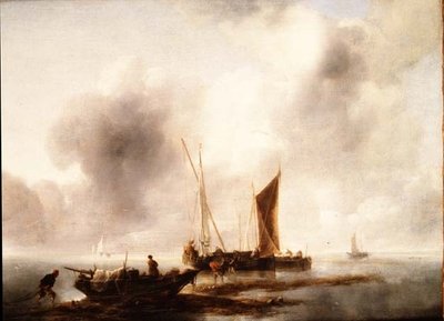 Kalastaja purkaa saalistaan rauhallisesti tekijältä Jan van de Capelle or Cappelle