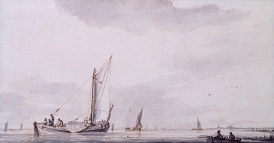 Kalastajat ja purjeveneet suistossa rauhassa (kynä, muste ja pesu) tekijältä Jan van de Capelle or Cappelle
