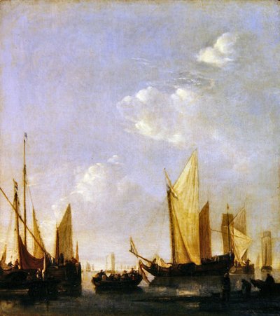 Toimitus ankkuroituna tyynelle merelle, n. 1650 (öljy paneelissa) tekijältä Jan van de Capelle or Cappelle