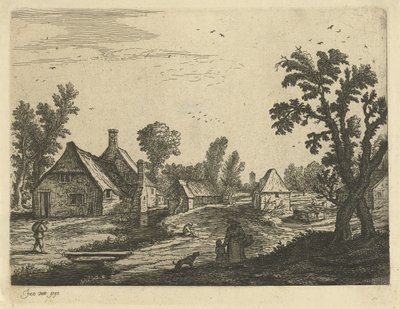 Kylänäkymä naisen ja lapsen kanssa kyläkadulla tekijältä Jan van de Cappelle (attributed to)