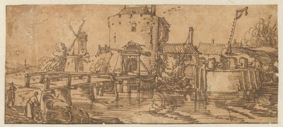 Näkymä kaupunkiin (Culemborg?), jossa on silta portin edessä tekijältä Jan van de Velde (II)