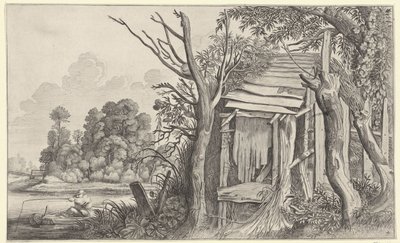 Kalastaja rappeutuneessa mökissä maisemassa Maisemat Pieter de Molijnin jälkeen (sarjan nimi) tekijältä Jan van de Velde (II)