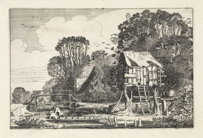 Kalastajat veneessä kyyhkysmajan lähellä Maisemat (sarjan nimi) Amenissimae aliquot requculae (sarjan nimi) tekijältä Jan van de Velde (II)