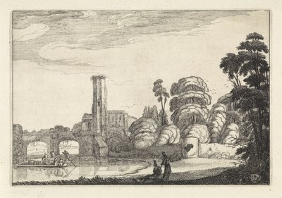 Pont sillalla ja rauniolla Maisemat (sarjan nimi) Amenissimae aliquot requculae (sarjan nimi) tekijältä Jan van de Velde (II)
