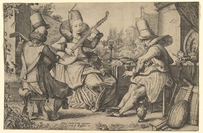 Kaksi tyylikkäästi pukeutunutta miestä ja nainen puutarhassa, 1613-41. tekijältä Jan van de Velde II