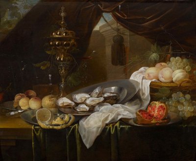 Asetelma, jossa kultainen kuppi, Façon de Venise -lasiesineitä, hedelmiä ja ostereita tekijältä Jan van den Hecke