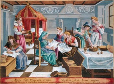 Naiset ripottelevat silkkiäistoukkien munia viinillä ja pitävät ne lämpiminä rinnoillaan, Philip Gallen (1537-1612) kaivertaman Vermis Sericuksen (Silkkiäistoukkien) levy 3 (kaiverrus) tekijältä Jan van der Straet