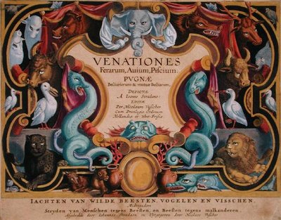 Jan Collaertin (1566-1628) kaiverruksen "Venationes Ferarum, Avium, Piscium" (Metsästyksestä: villieläimet, linnut, kalat) nimiölehti, jonka on julkaissut Phillipus Gallaeus, Amsterdam (käsin väritetty kaiverrus). tekijältä Jan van der Straet