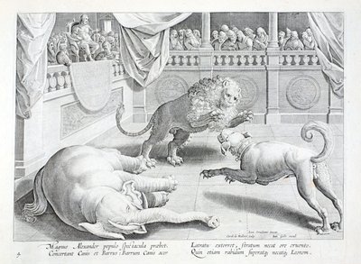 Aleksanteri Suuri laittaa esille spektaakkelin, leijonan, koiran ja norsun taistelun, kuvitus teoksesta "Venationes, Ferarum, Avium, Piscium" (Metsästys: Wild Beasts, Birds, Fish), kaiverrus Jan Collaert (1566-1628), pubi . kirjoittanut Phillipus Gallaeus, tekijältä Jan van der Straet