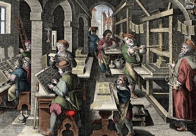 Paino, c1600 - Hollanti, Painatus: vasemmalla merkit käyttävät merkkejä, painatuksen valmistelun eri vaiheet pääpainon ohjaamana - Kaiverrus "Nova Reperta" Giovanni Stradano (Jan Van Der Straet) (Johanne) tekijältä Jan van der Straet