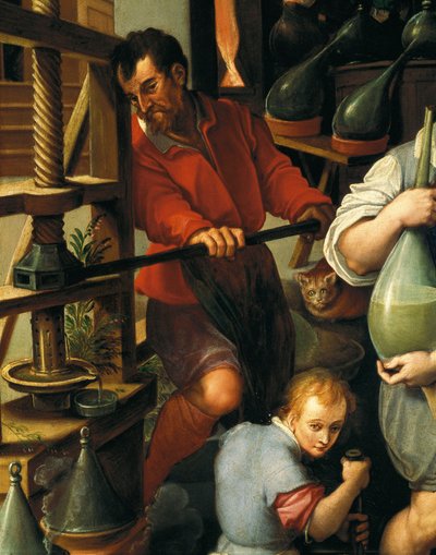 Alkemistin laboratorio, yksityiskohta tekijältä Jan van der Straet