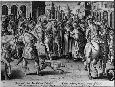 Munkit luovuttivat silkkiäistoukkien Bysantin keisarille Justinianus I:lle (483-565). Keisari aloittaa siten silkkikaupan. Kaiverrus Giovanni Stradano (Jan Van Der Straet) (Johannes Stradanus) (1523-1605) 1600-luku tekijältä Jan van der Straet