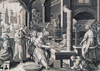 Vermis sericus, naiset kehrävät silkkiä ja lämmittävät silkkiäistoukkia tulessa, kaiverrus Stradanus (1523-1605), Italia tekijältä Jan van der Straet
