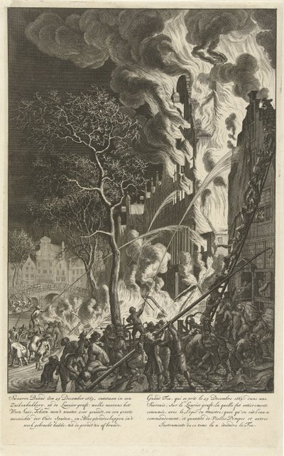 Tuli Lauriergrachtissa Amsterdamissa, 1669 Raskas tulipalo 29. joulukuuta 1669. sai alkunsa sokerileipomossa, Laurier-oksalla (…) / Grand feu, qui se prit le 29. joulukuuta 1669. dans une sucrerie, sur le Laurier graft (…) (otsikko esineessä) tekijältä Jan van der Heyden (attributed to)