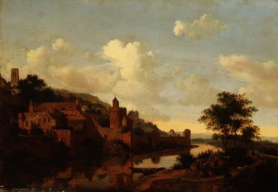 Linnoitettu kaupunki joen yläpuolella (paneeli) tekijältä Jan van der Heyden