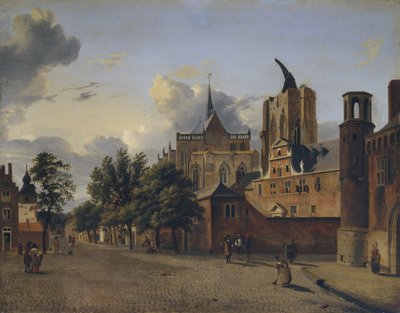 Kölnin katu, jonka keskellä on keskeneräinen katedraali tekijältä Jan van der Heyden