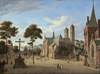 Näkymä Kölnistä, jossa on Pyhän Pantaleonin tornit ja kuvitteellinen versio Emmerikin Martinikerkin kirkon keskilaivasta. tekijältä Jan van der Heyden