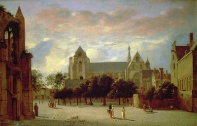 Näkymä Veeren Grote Kerkille etelästä (öljy paneelissa) tekijältä Jan van der Heyden