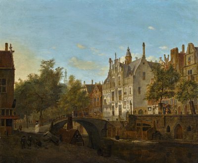 Näkymä Oude Delftistä ja Gemeenlandshuisista. tekijältä Jan van der Heyden