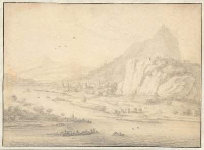 Vuoristoinen jokimaisema veneillä tekijältä Jan van der Meer (II)