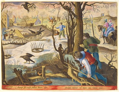 Lintupyörit, jotka käyttävät rotilla syötettyjä ansoja haukkojen vangitsemiseen, levy 64 julkaisusta "Venationes Ferarum, Avium, Piscium" (Metsästys: Wild Beasts, Birds, Fish), kaivertanut Jan Collaert (1566-1628), julkaisija tekijältä Jan van der Straet