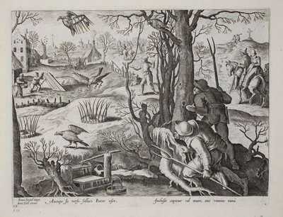Lintupyörit, jotka käyttävät rotilla syötettyjä ansoja haukkojen vangitsemiseen, levy 64, kuva julkaisusta "Venationes, Ferarum, Avium, Piscium" (Metsästys: Wild Beasts, Birds, Fish), kaiverrus Jan Collaert (1566-162) tekijältä Jan van der Straet