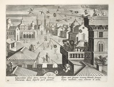 Pääskysten vangitseminen peililevyillä, joissa on reikiä, levy 77, kuva julkaisusta "Venationes, Ferarum, Avium, Piscium" (Metsästys: Wild Beasts, Birds, Fish), kaiverrus Jan Collaert (1566-1628), pub. tekijältä Jan van der Straet