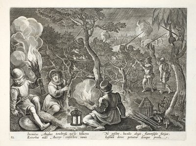 Linnunpyytäjiä pyydystämässä lintuja yöllä, kuvitus teoksesta "Venationes, Ferarum, Avium, Piscium" (Metsästyksestä: villieläimet, linnut, kalat), kaiverrettu Jan Collaertin (1566-1628) toimesta, julkaisija Phillipus Gallaeus, Amste. tekijältä Jan van der Straet
