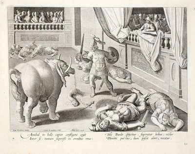 Hannibal panee kukistetut roomalaiset taistelemaan toisiaan vastaan, kuvitus teoksesta "Venationes, Ferarum, Avium, Piscium" (Metsästyksestä: villieläimet, linnut, kalat), kaiverrettu Jan Collaertin (1566-1628), julkaisija Phillipus. tekijältä Jan van der Straet