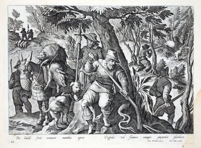 Metsästäjät käyttävät keihää tai lyijyllä ladattuja aseita metsästämään vuoristovillisia, kuva kirjasta "Venationes, Ferarum, Avium, Piscium" (Metsästys: Wild Beasts, Birds, Fish), kaiverrettu Jan Collaert (1566-1628), tekijältä Jan van der Straet