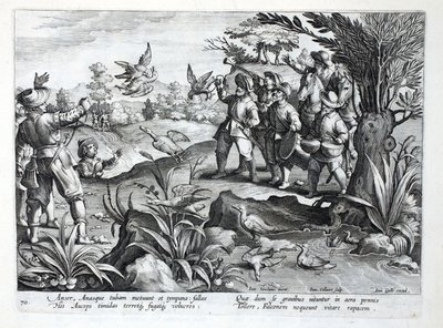 Metsästäjät käyttävät haukkoja hanhien metsästykseen, kuva teoksesta "Venationes, Ferarum, Avium, Piscium" (Metsästyksestä: villieläimet, linnut, kalat), kaiverrettu Jan Collaertin (1566-1628) toimesta, julkaissut Phillipus Gallaeus, A. Gallaeus. tekijältä Jan van der Straet