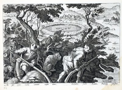 Ankkojen metsästys, kuvitus julkaisusta "Venationes, Ferarum, Avium, Piscium" (Metsästys: Wild Beasts, Birds, Fish), kaiverrus Jan Collaert (1566-1628), pub. kirjoittanut Phillipus Gallaeus, Amsterdam (kaiverrus tekijältä Jan van der Straet