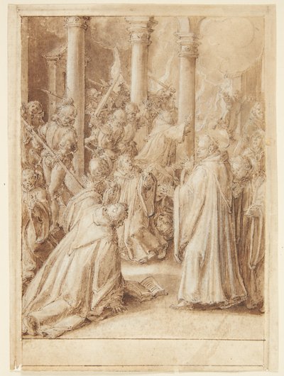 S. Giovanni Alberti Fiorentinon historia. Firenzen piispan lähettämät sotilaat hyökkäävät luostariin, jossa he uskovat Giovanni Albertin olevan(?) tekijältä Jan van der Straet