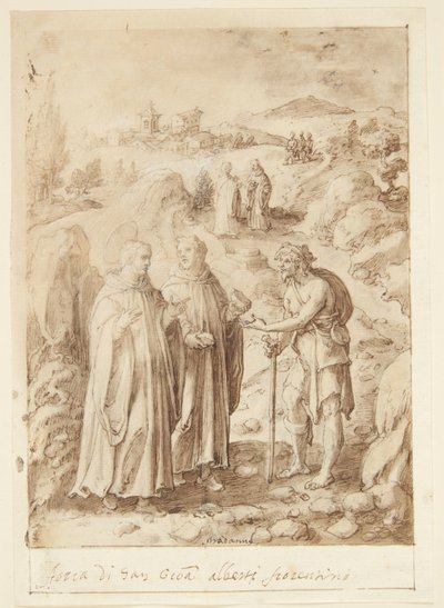 S. Giovanni Alberti Fiorentinon historia. Pyhä ja mukana oleva munkki antavat kerjäläiselle viimeisen leivän tekijältä Jan van der Straet