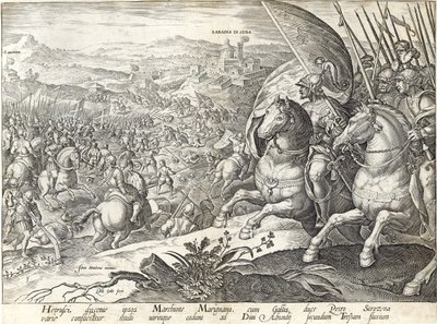 Labadia si Senan ja St. Abondan taistelu, levy 3 "The History of the Medici" -teoksesta, kaiverrus Philip Galle (1537-1612), n. 1583 tekijältä Jan van der Straet