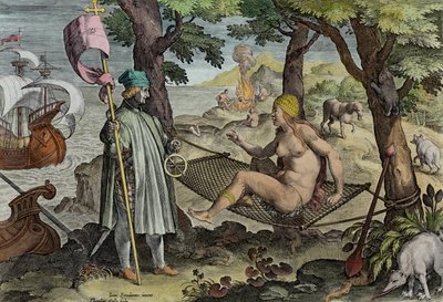 Vespucci Discovering America, Theodor Gallen (1571-1633) kaivertaman Nova Repertan (Uudet löydöt) levy 2 n. 1600 (myöhempi väritys) tekijältä Jan van der Straet