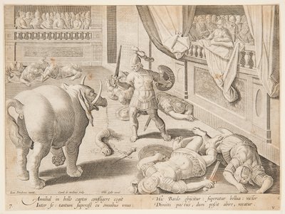 Roomalainen sotilas taistelee Hannibalin elefantteja vastaan, pl. 7 Game, Birds and Fish -sarjassa tekijältä Jan van der Straet, called Stradanus