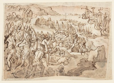 Filippiinien valloitus, Stradanuksen pojan Scipionen toteuttaman grisille-maalauksen alustava suunnitelma espanjalaisen Philip II:n muistolle, San Lorenzossa Firenzessä 12. marraskuuta 1598 tekijältä Jan van der Straet, called Stradanus