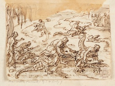 Recto: Krokotiilin metsästys Tentyrassa, Egyptissä; Verso: Plinius Vanhimman luonnonhistoriaan liittyvä kirjoitus, kirja 7, luku. 38 tekijältä Jan van der Straet, called Stradanus