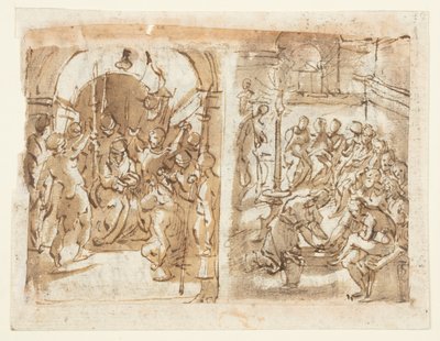 Recto, vas.: Kristuksen pilkkaaminen; Recto, oikealla: Kristus pesee apostolien jalkoja ; Verso: Skotlannin kuningattaren Maria Stuartin teloitus vuonna 1587 tekijältä Jan van der Straet, called Stradanus