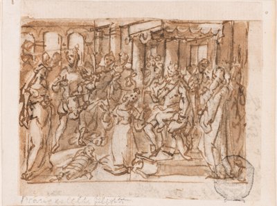 Salomon tuomio, alustava suunnittelu teokselle "Spiritus Sapientiae" (Viisauden henki), levy 1 "Seitsemän Pyhän Hengen lahjaa" -tulostussarjassa tekijältä Jan van der Straet, called Stradanus