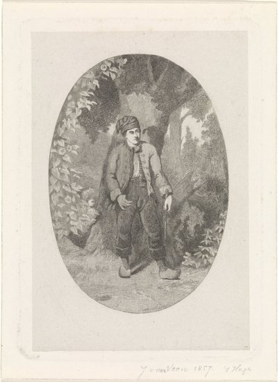Mies puun vieressä metsässä tekijältä Jan van der Veen (prentmaker)