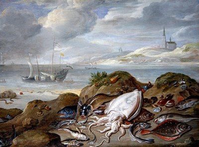 Suistomaisema, jossa on kaloja dyynillä (öljy kuparille) tekijältä Jan van the Elder Kessel