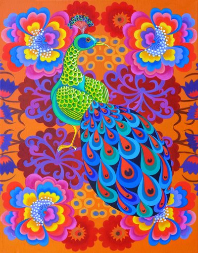 Riikinkukko kukilla, 2015, tekijältä Jane Tattersfield